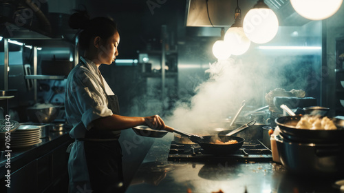 Female Chinese Chef Cooking In A Restaurant Kitchen