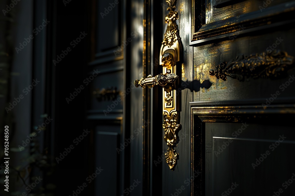 Enigmatic Elegance A Mystery Black Door with Ornate Gold Door Handle, Offering Copy Space for Imagination and Creativity. created with Generative AI