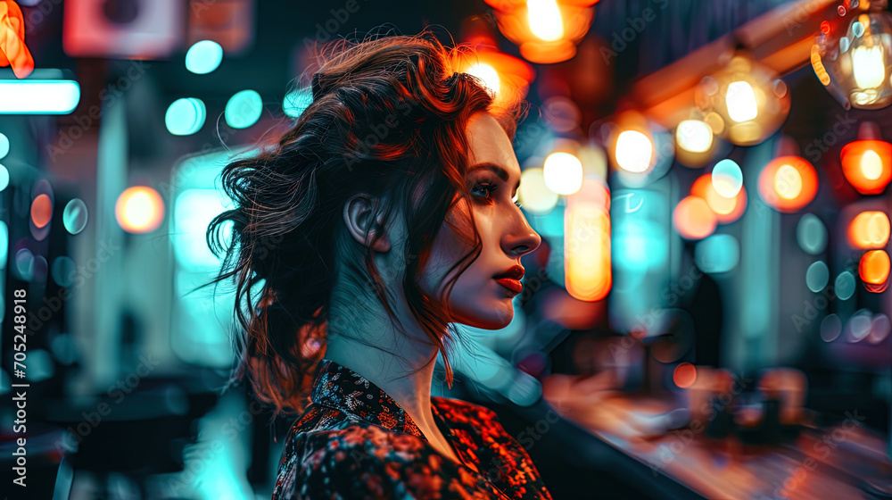 A picture of a stylish lady in a barbershop, where the contrast of lights in orange and blue shade - obrazy, fototapety, plakaty 