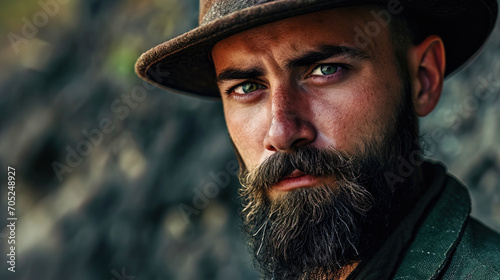 A portrait of a gentleman with a beautifully trimmed beard and an elegant hat that embodies an exq photo