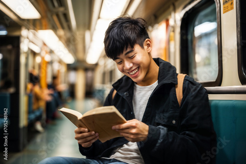Asian Teenager Smiling Reading Book on Subway. Generative AI © Mihai Zaharia