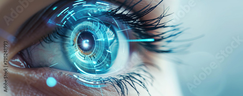 Closeup of a human eye with virtual hologram elements for surveillance and digital ID verification