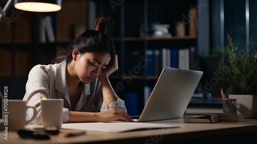 A woman sitting at her desk feeling tired can be seen in a medium shot.