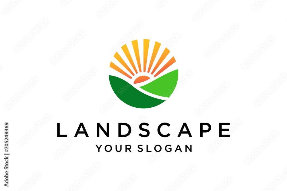 Nature Landscape Hill Green Grass with Sun Logo design