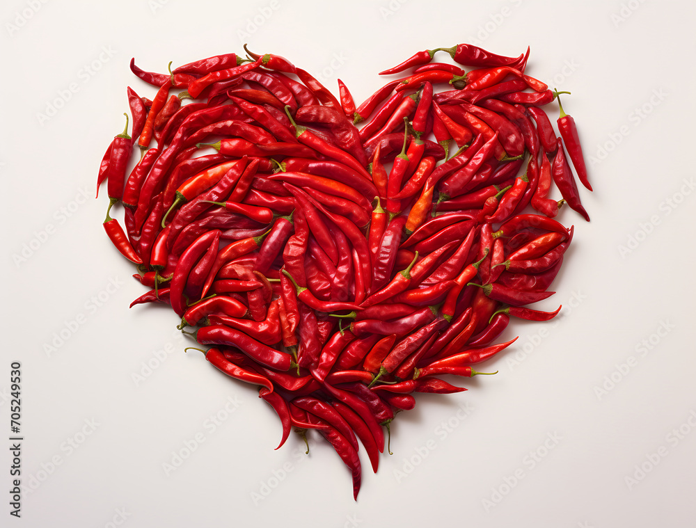 Fototapeta premium Heart made of red chili. Minimal white background.