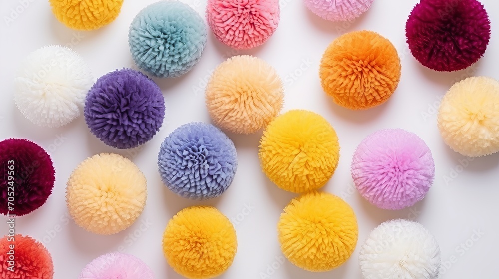 An arrangement of colorful pom poms at a high angle An arrangement of colorful pom poms at a high angle