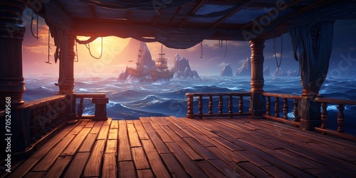 Wooden deck of a ship at sunset