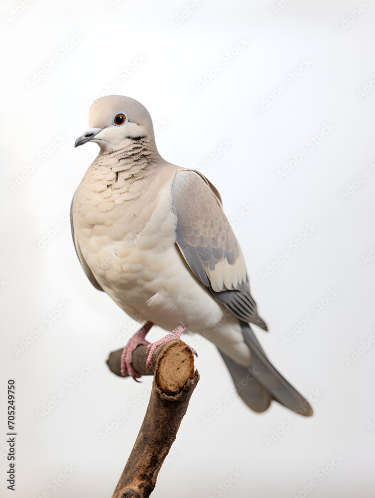 White dove bird sitting on a branch, white background White dove bird sitting on a branch, white background