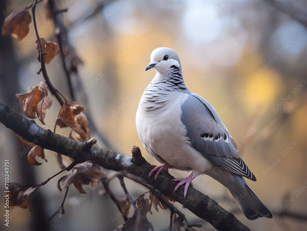White dove bird sitting on a branch, blurry forest background White dove bird sitting on a branch, blurry forest background