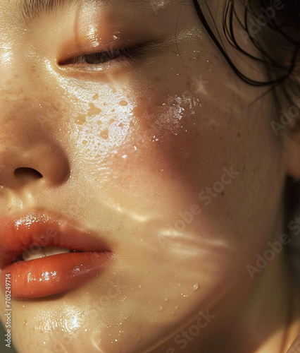 Portrait of beautiful natural Asian woman with dewy wet skin photo