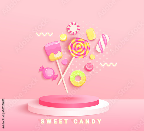 Sweet candy display podium for sweets.Round pedestal for kids,baby products.Template for promo poster,banner with sweets-candy,lollypop,marshmallow on stage for presentations. Vector illustration