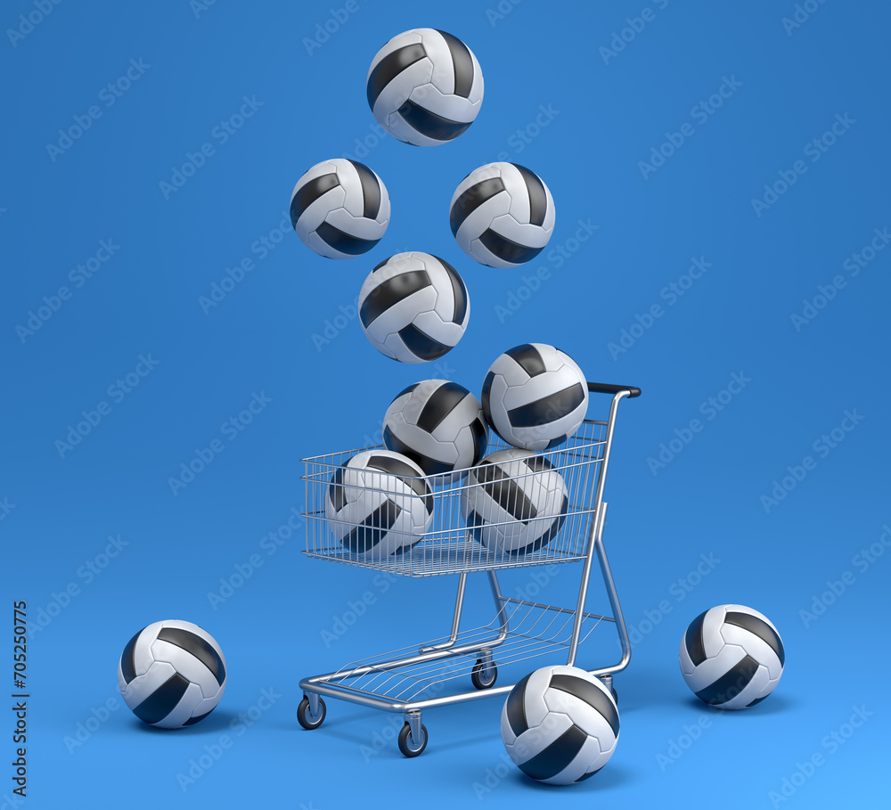 Φωτογραφία Set of ball like basketball, football and golf in shopping cart on blue