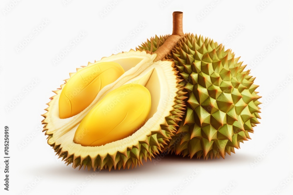 Obraz premium Durian fruit on a white background. a tropical, fragrant fruit with a flesh similar to custard.