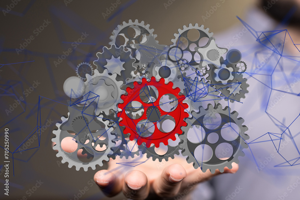 gear system data. Connecting lines and dots.Big data visualization  - neural network exposure digital