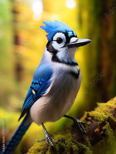 Close up of a blue jay bird, blurry forest background 