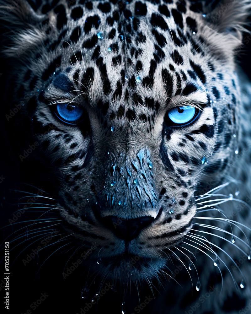 Piercing Blue Eyes of a Snow Leopard created with Generative AI technology Piercing Blue Eyes of a Snow Leopard created with Generative AI technology