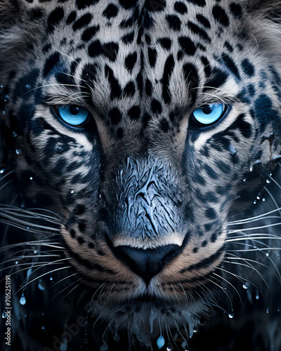 Piercing Blue Eyes of a Snow Leopard created with Generative AI technology photo