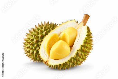 Durian fruit on a white background. a tropical, fragrant fruit with a flesh similar to custard.