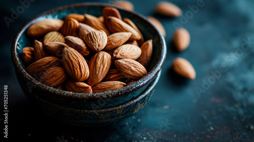 Almonds in a beautiful plate on a dark background.