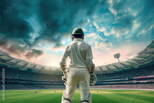 Cricket player standing ready in the middle of cricket arena stadium