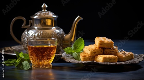 On a marble table, i am serving a cup of tea and traditional baklavas.