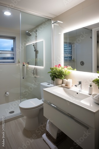 A modern bathroom with a glass shower, white vanity, and large mirror