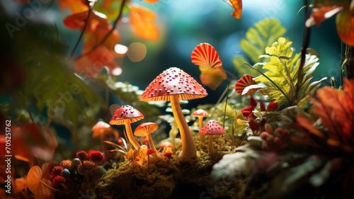 A mesmerizing scene of mushrooms in gradient colors, creating a surreal atmosphere in a garden setting. -Generative Ai 