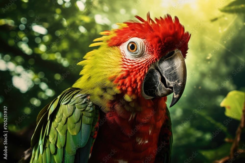 Beautiful exotic Ara parrot bird sitting on branch of tree in green jungle. Cute colorful bird. Wildlife scene from tropical forest. Exotic domestic pet concept. Banner for pet shop with copy space