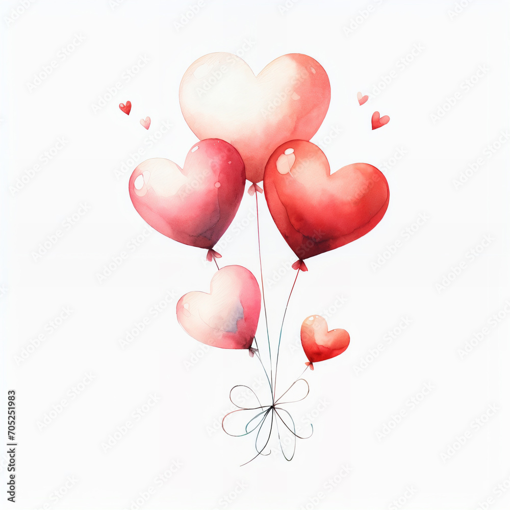 Watercolor heart-shaped balloons in different shades of pink. Birthday, party, anniversary celebration, wedding, women's day, mother's day, Valentine's Day concept. Romantic greeting card
