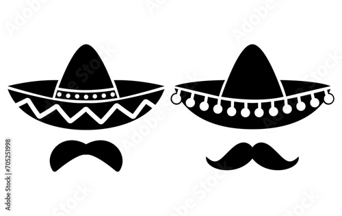 mexican hat black icons. Flat moustache symbol isolated on white. vector illustration