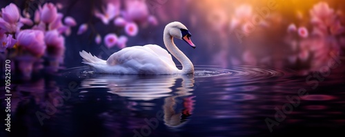 White swans swimming in lake. Fairy tale landscape with elegant bird and blooming flowers. Spring background for greeting card, banner, wallpaper with copy space