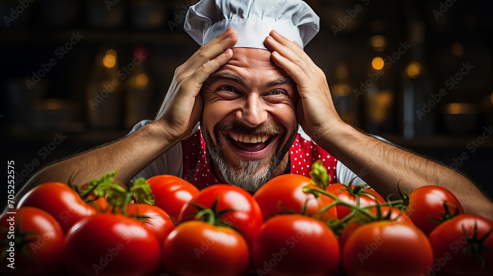 Fototapeta premium The chef is happy when he covers his eyes with tomatoes.