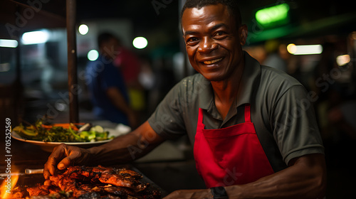 A cena captura diversos vendedores de comida de rua vendendo iguarias brasileiras como acaraj    coxinha e past  is. O aroma   se mistura com o ar festivo  somando ao sabor e encanto do carnaval de rua