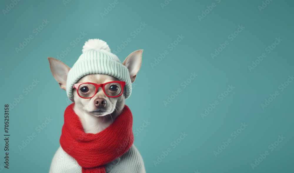 A white dog wearing a hat and scarf against a blue background. Creative fashion animal concept A white dog wearing a hat and scarf against a blue background. Creative fashion animal concept