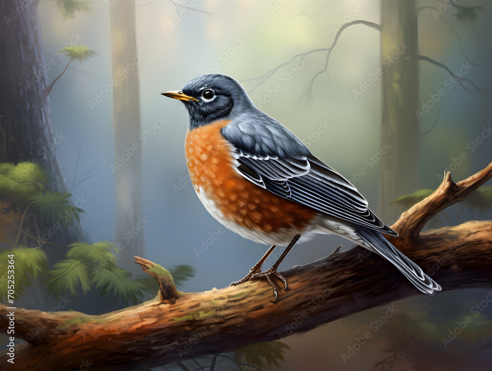 Illustration of American robin bird sitting on a branch, forest background 