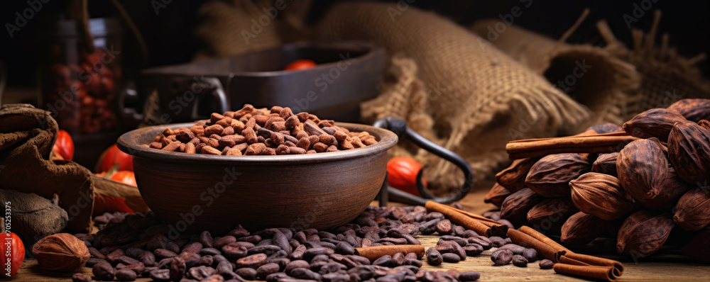 Cocoa beans in bowl with cocoa pods on wooden table.