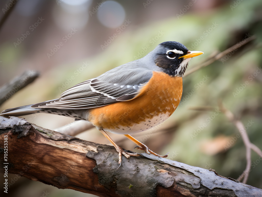 American robin bird sitting on a branch, blurry forest background American robin bird sitting on a branch, blurry forest background
