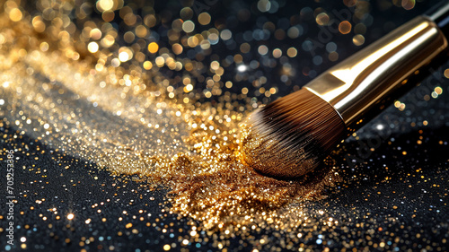 brush with scattered golden glitter eye shadow for makeup on a black background
