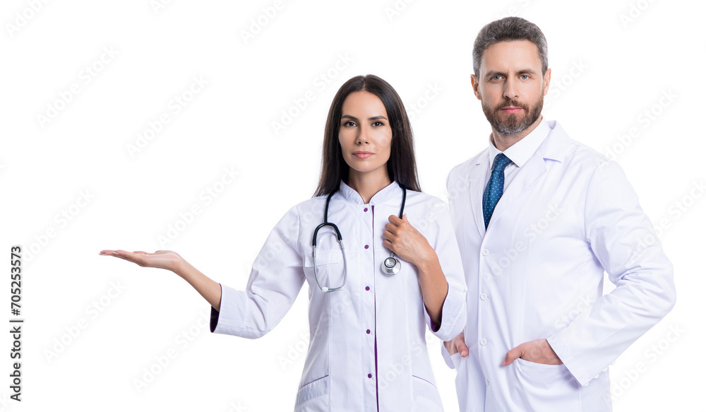 professional physician in white coat with medical woman. medicine and healthcare. doctor at hospital. doctor in medical practice. doctor with stethoscope isolated on white. presenting advertisement professional physician in white coat with medical woman. medicine and healthcare. doctor at hospital. doctor in medical practice. doctor with stethoscope isolated on white. presenting advertisement