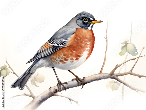 Watercolor illustration of American robin bird sitting on a branch, white background 