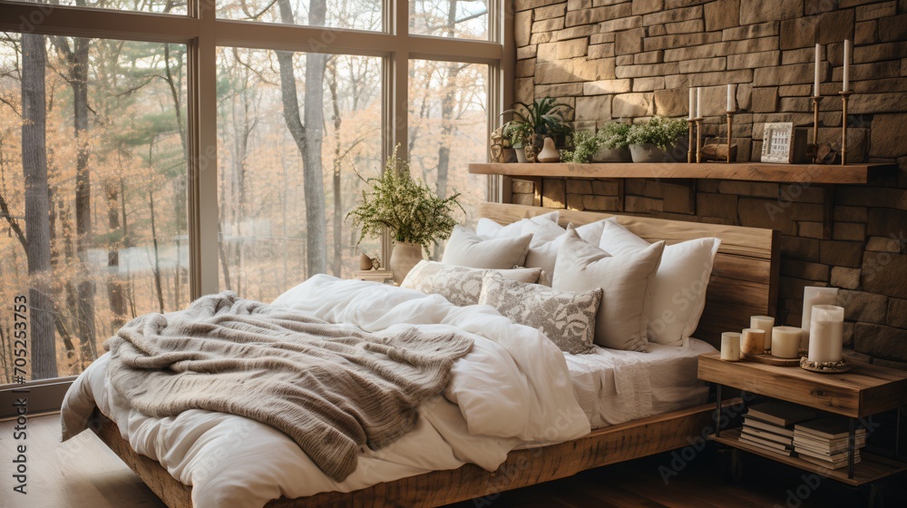 A cozy bedroom with a large window and a brick wall A cozy bedroom with a large window and a brick wall