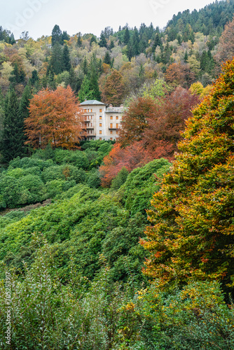 Scenic fall season sight in the Oasi Zegna. Province of Biella, Piedmont, Italy.