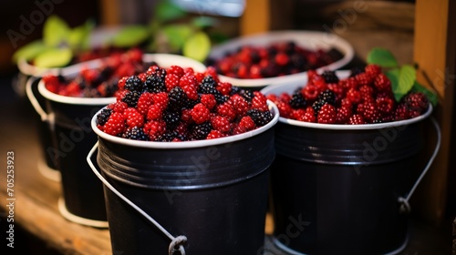 A close-up of berry-filled small buckets