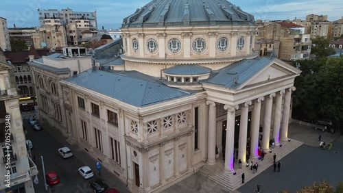 Establishing Aerial Close Up View Over The Romanian Athenaeum At Sunset  Bucharest City Centre Historic Buildings Architecture photo