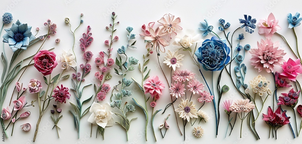 An enchanting collection of small paper quilling flowers in cerulean