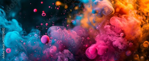 The image shows a close-up of a group of colorful bubbles floating in a water. art abstract background © Olga
