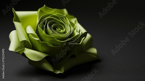 A paper quilled rose in a vivid shade of chartreuse green, set against a backdrop of deep, matte black. 