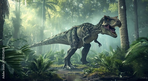 A photorealistic depiction of a massive Tyrannosaurus Rex dinosaur wading through a lush prehistoric forest photo