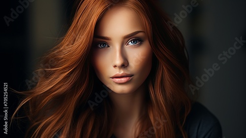 A gorgeous woman has long straight red hair and wears a black dress that touches her face.