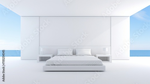 A minimalist bedroom with a sleek platform bed, white linens, and subtle recessed ceiling lighting -Generative Ai 